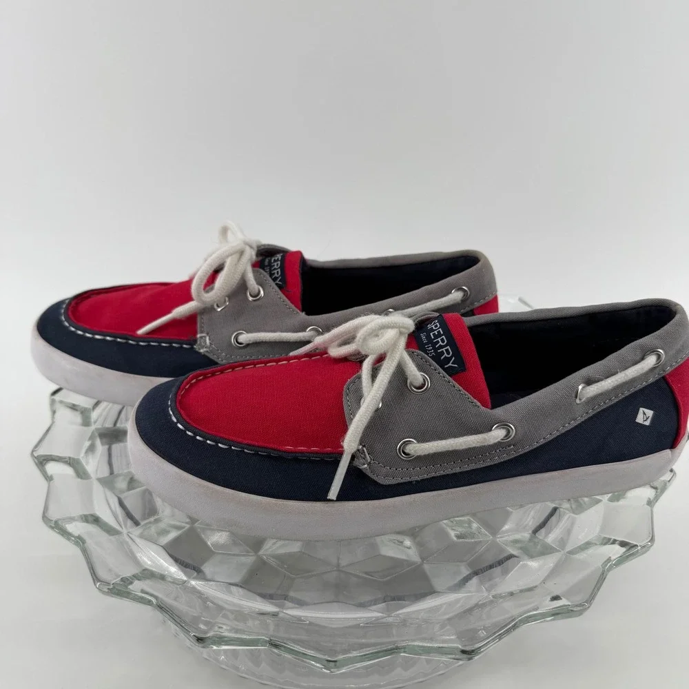 Sperry Top Sider Boat Shoes Red Navy Gray Canvas Lace Up‎ Kids Size 4M